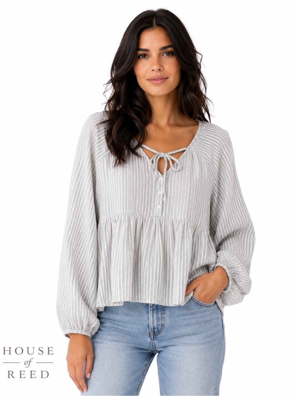 Millibon Gray White Stripe Boho Peasant Blouse Cotton Tie Neck Babydoll Top M